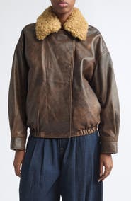 R13 Leather Bomber Jacket with Removable Genuine Shearling Collar