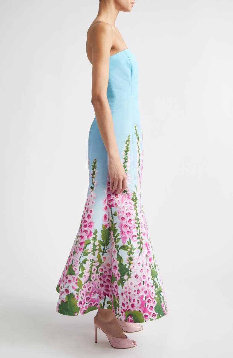 Oscar de la Renta Foxglove Print Strapless Trumpet Gown, Alternate, color, Lilac/ Sky