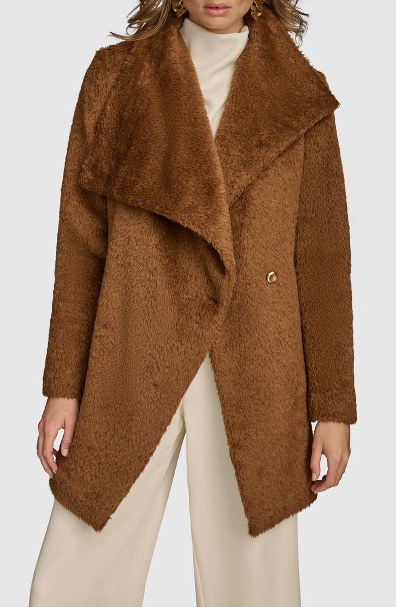 Donna Karan New York Faux Fur Wrap Coat, Alternate, color, Tobacco