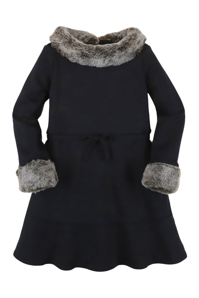 Baby Girls' Long Sleeve Ponte Dress with Faux Fur, Infant, Main, color, Black Long Sleeve