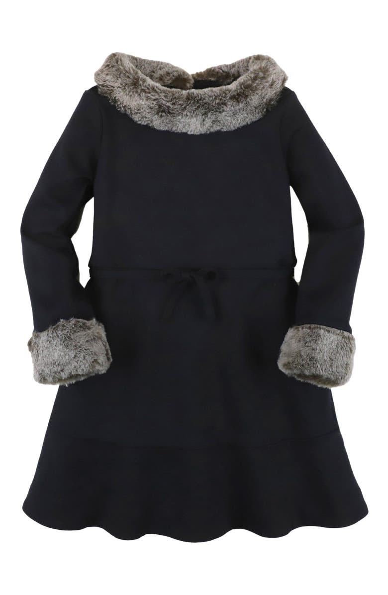 Hope & Henry Baby Girls' Long Sleeve Ponte Dress with Faux Fur, Infant, Main, color, Black Long Sleeve