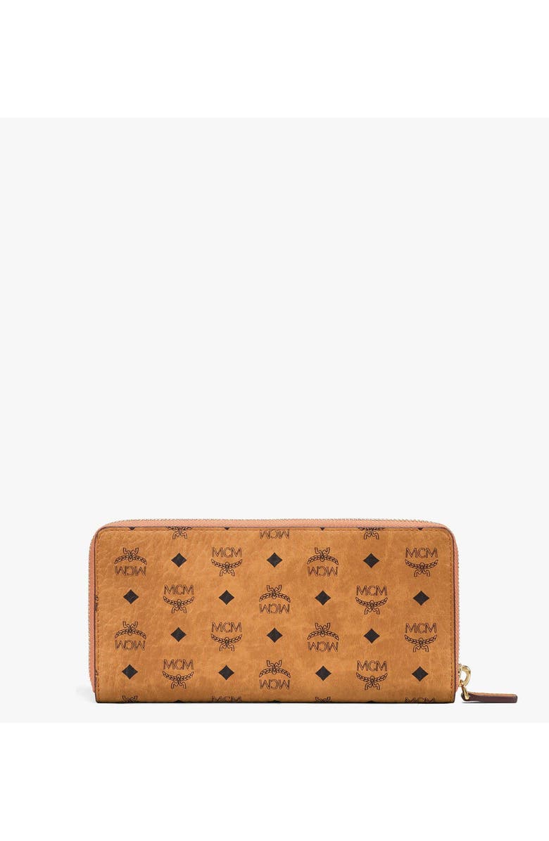 MCM Aren Zip Around Wallet in Visetos, Alternate, color, Cognac