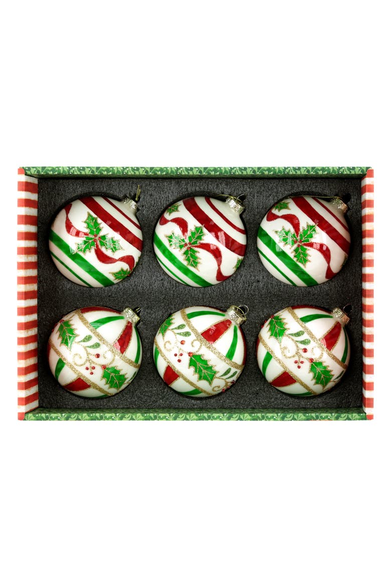 Holly Ribbon Ball Ornament, Box of 6, Alternate, color, Red