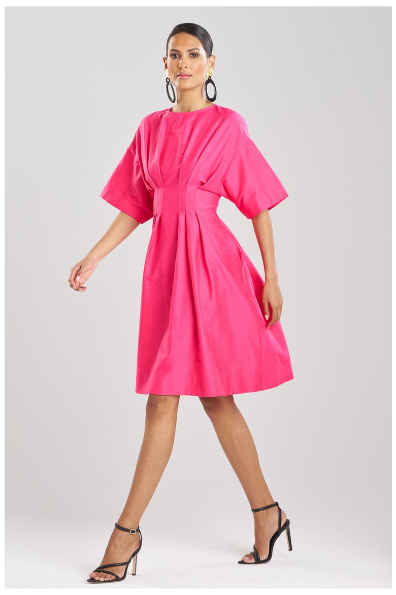 Cotton Silk Slub Pleated Dress w/ Embroidery, Main, color, PINK