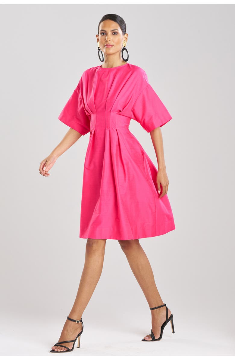 Natori Cotton Silk Slub Pleated Dress w/ Embroidery, Main, color, Pink