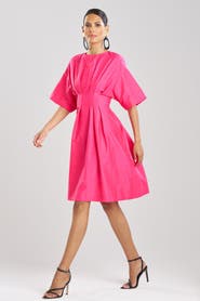 Natori Cotton Silk Slub Pleated Dress w/ Embroidery