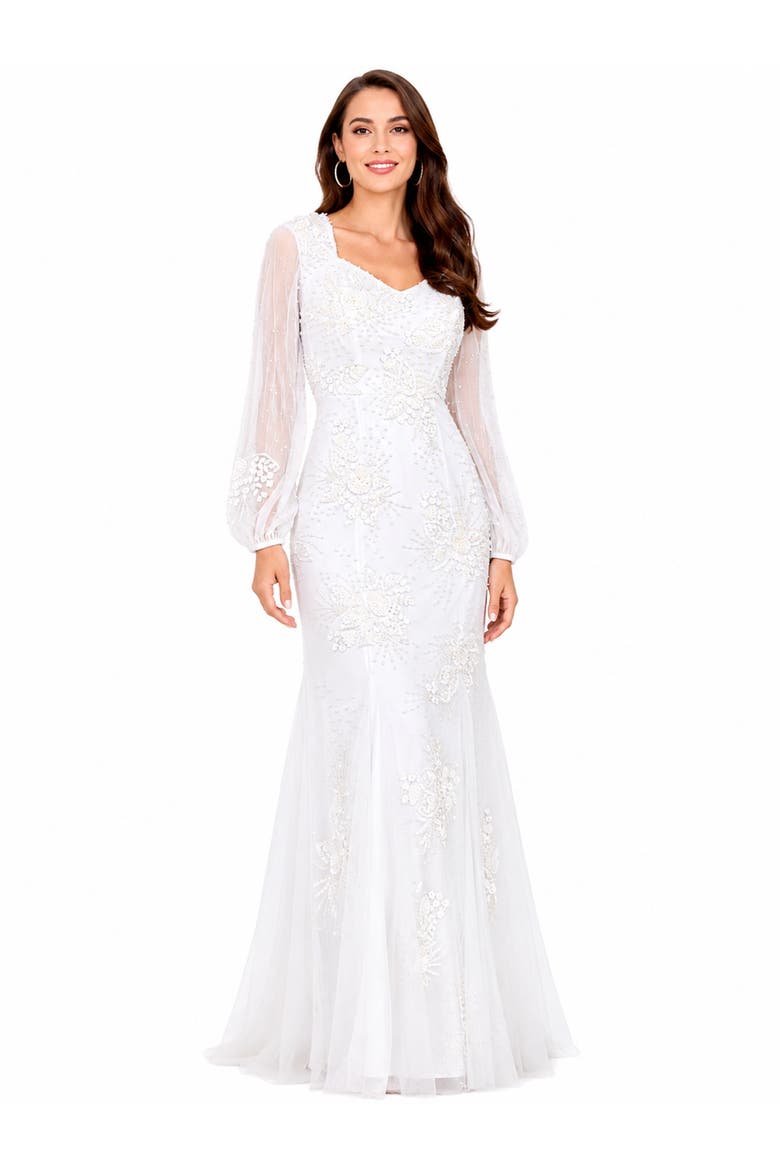 Long Sleeve Beaded Bridal Gown, Alternate, color, Ivory