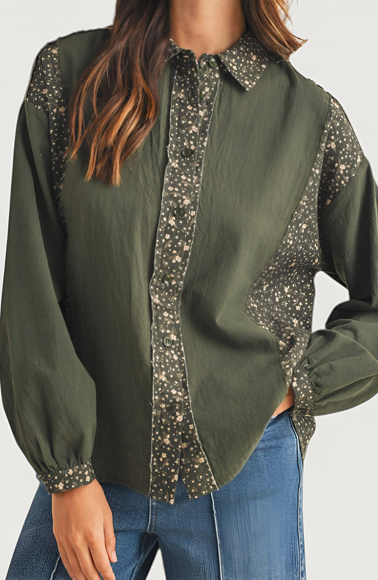 Modenaire Long Sleeve Floral Print Trim Button Up Shirt, Alternate, color, Floral Print