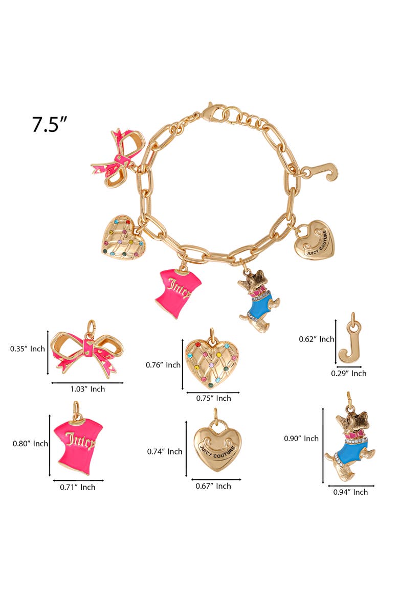 Pink and Gold Charm Bracelet with Bow, Dog, and Heart, 7.5'', Alternate, color, Gold Tone