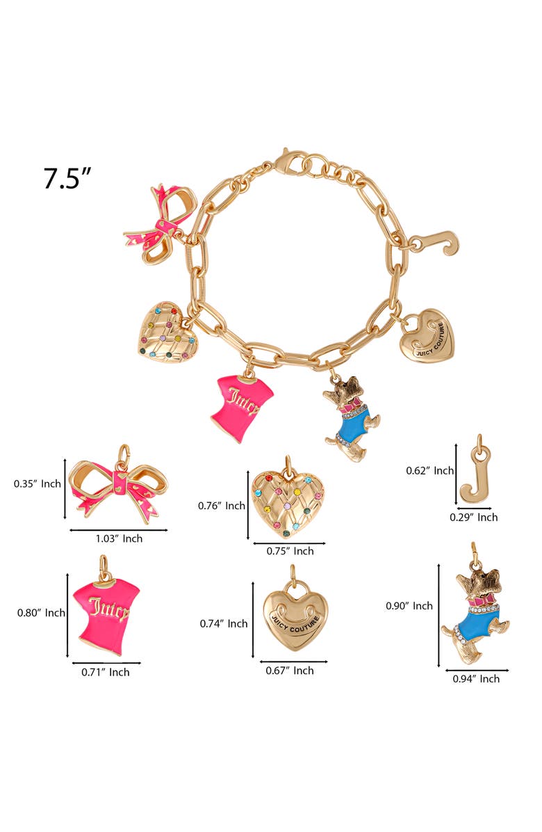 Juicy Couture Pink and Gold Charm Bracelet with Bow, Dog, and Heart, 7.5'', Alternate, color, Gold Tone