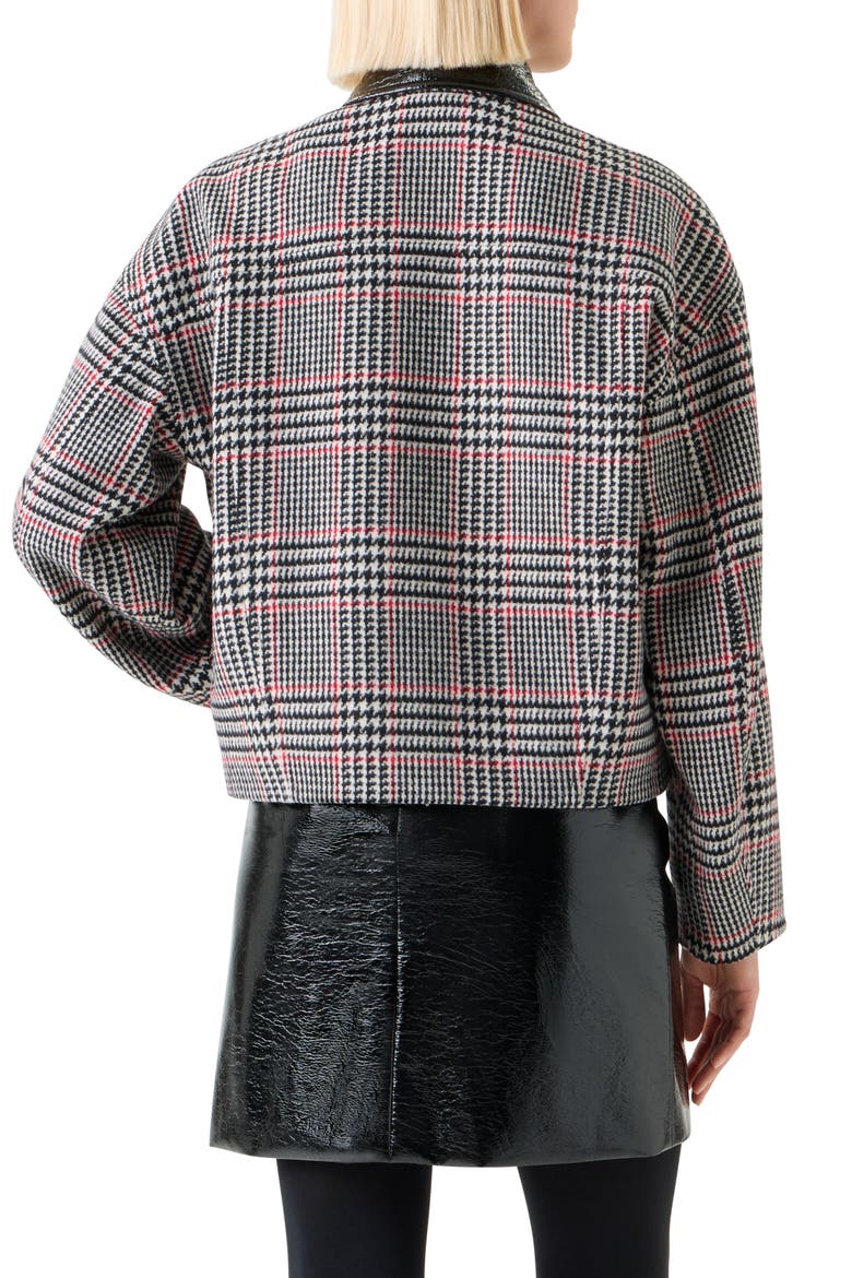 Glen Plaid Wool Jacket with Faux Leather Collar, Alternate, color, BLACK-CREAM-VERMILLION
