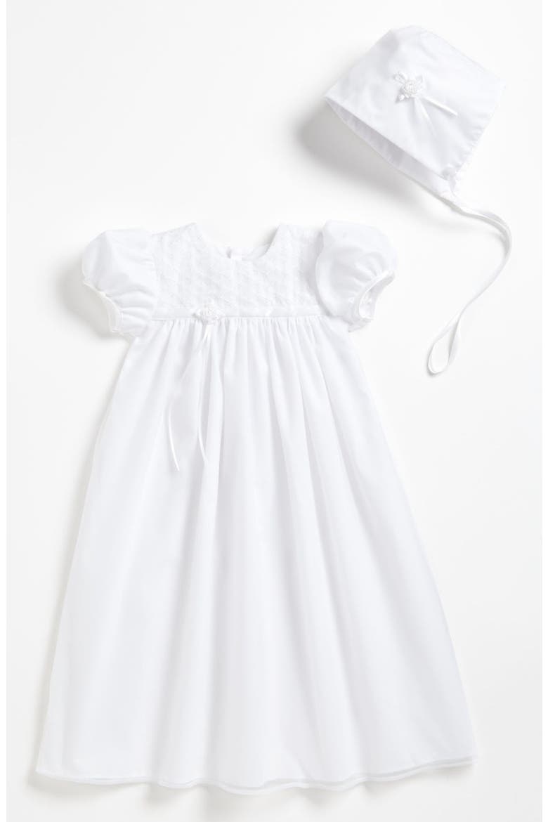 Embroidered Christening Gown & Bonnet, Main, color, WHITE