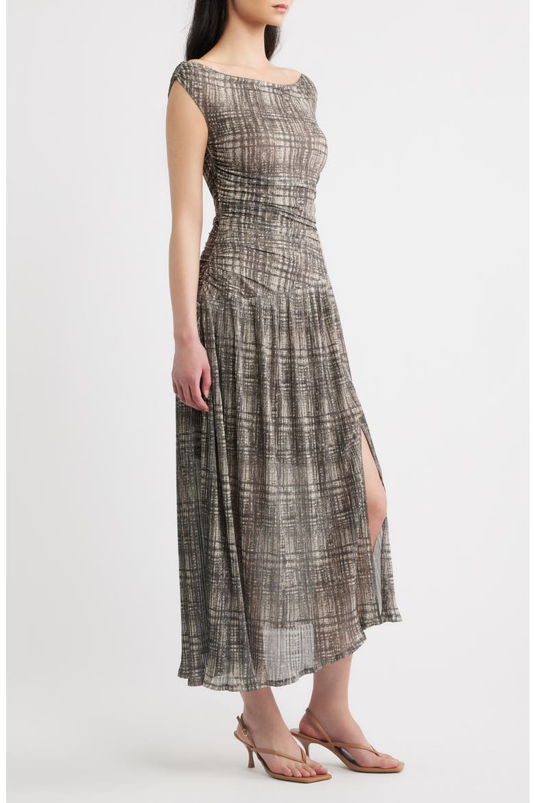 Plaid Mesh Pleated Midi Dress, Alternate, color, BROWN PLAID