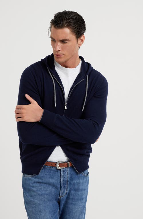 Brunello Cucinelli Techno Cotton Interlock Zip-front Hooded Sweatshirt In Navy Blue