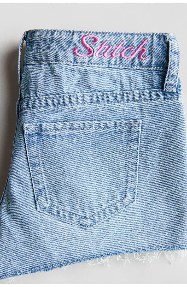 H&M Appliquéd Denim Shorts, Alternate, color, Light Denim Blue/Lilo & Stitch