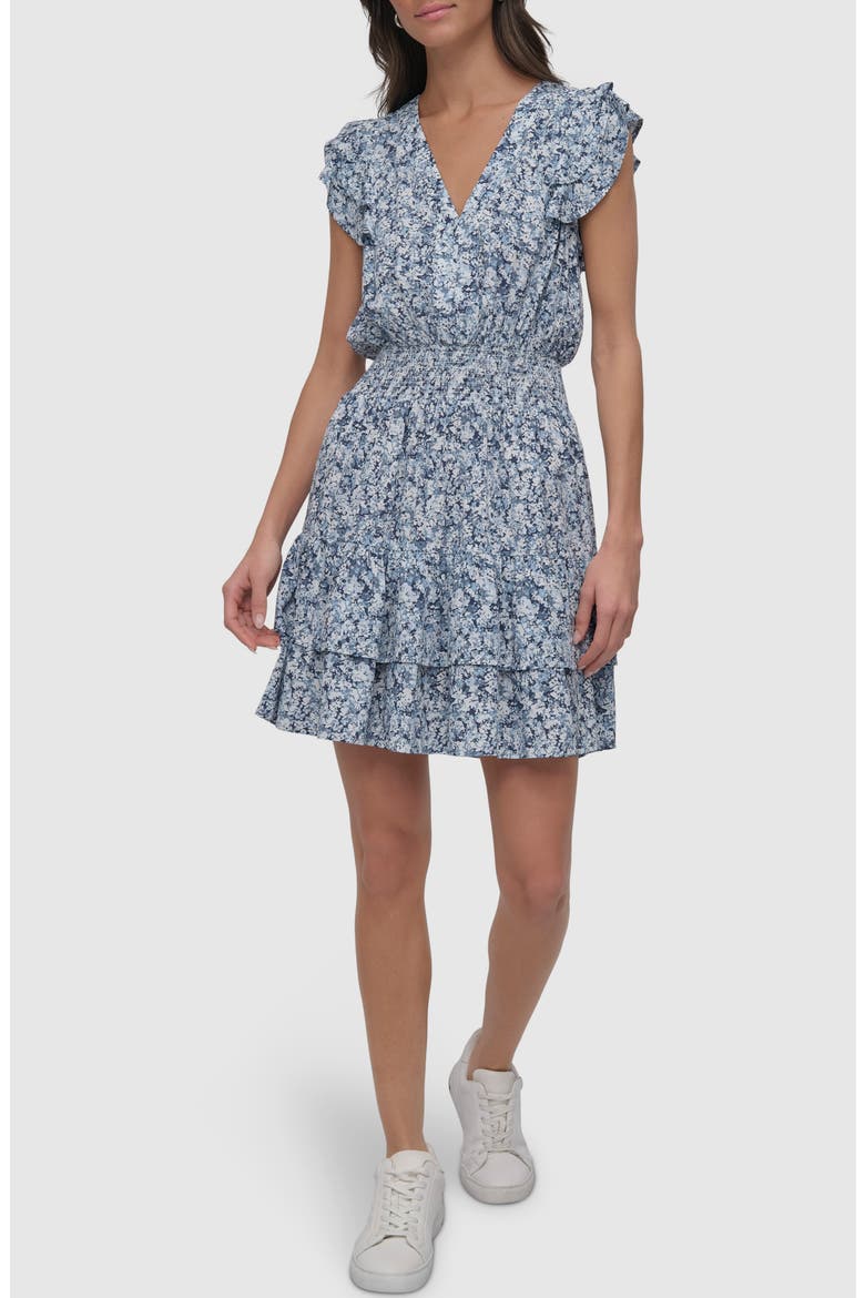 Pleated V-Neck Dress, Main, color, DITSY FLORAL COBALT