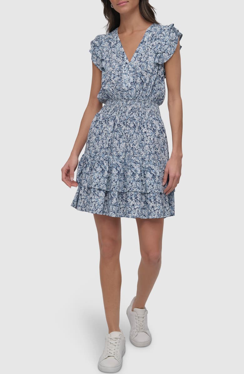 DKNY Jeans Pleated V-Neck Dress, Main, color, Ditsy Floral Cobalt