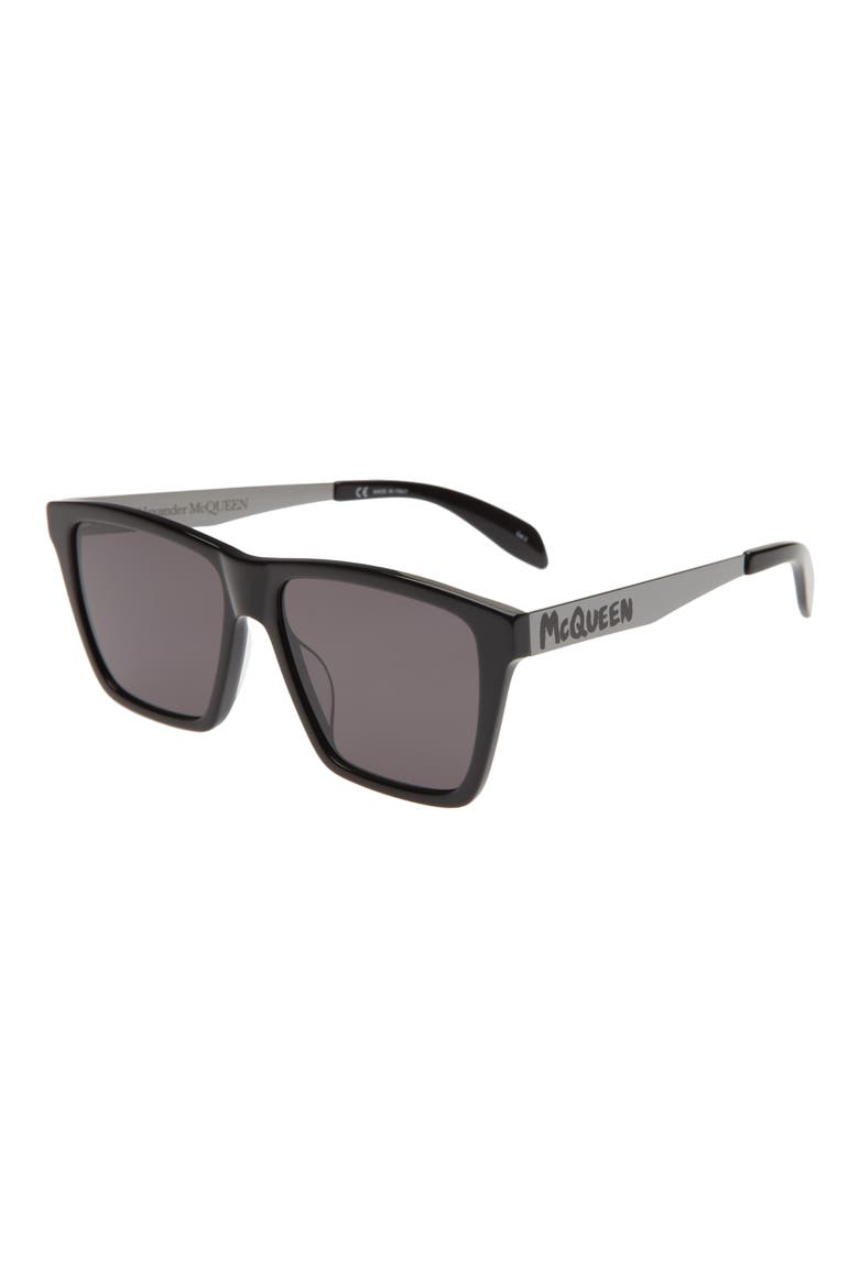 Alexander McQueen 55mm Rectangular Sunglasses, Alternate, color, BLACK
