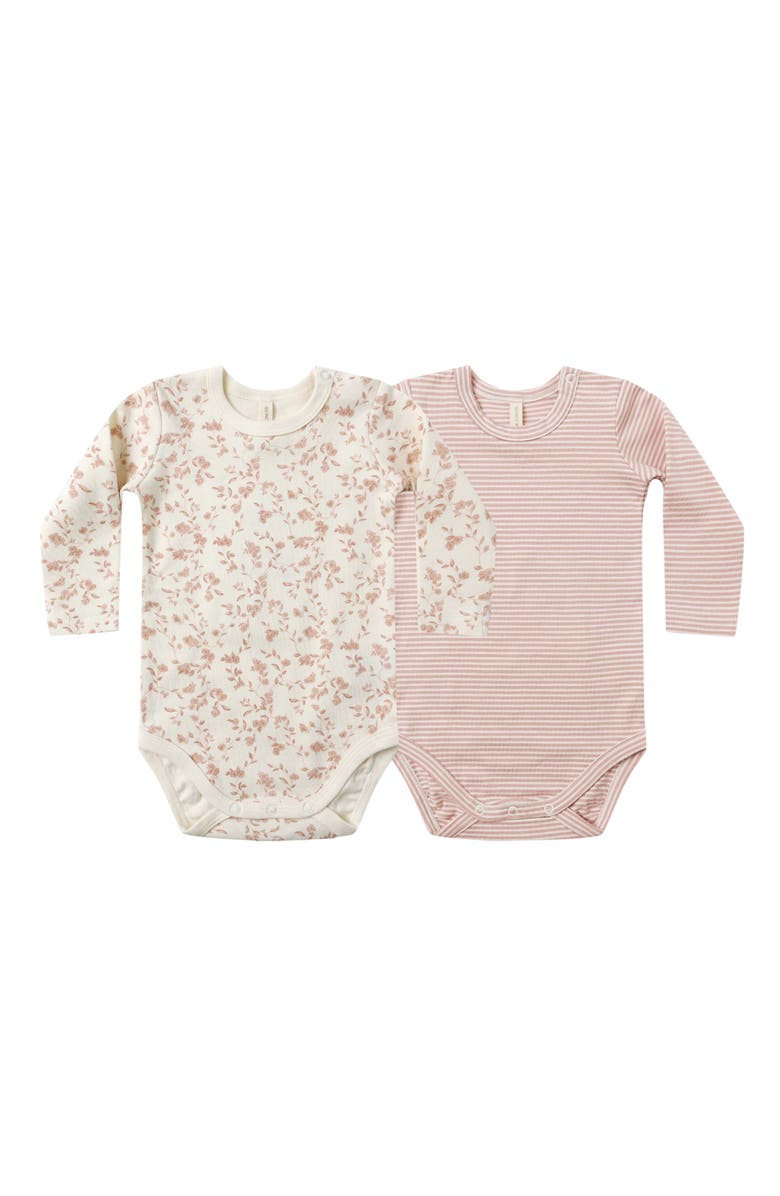 QUINCY MAE Floral & Stripe Assorted 2-Pack Organic Cotton Jersey Bodysuits, Main, color, Ivory-Rose