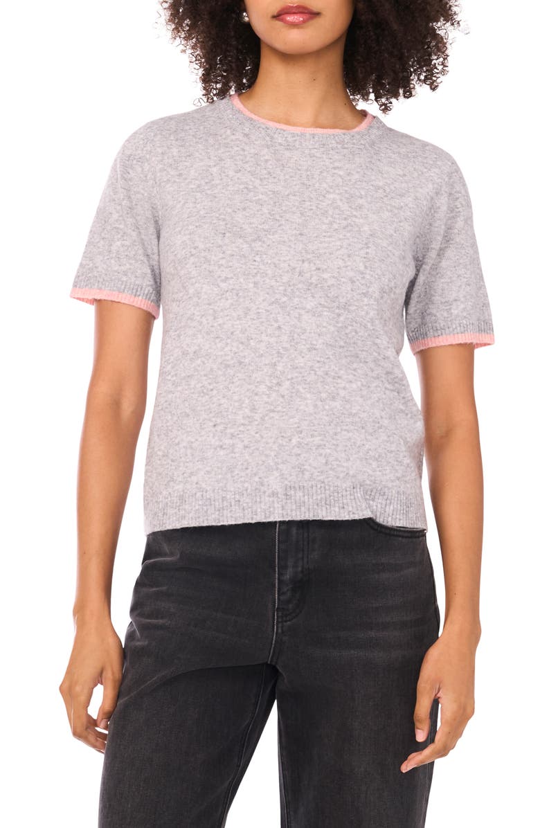 1.STATE Double Crewneck Short Sleeve Cotton Sweater, Main, color, Grey Haze Heather