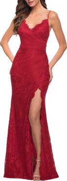 La Femme Lace Long Dress with Scallop Detail on Skirt Slit