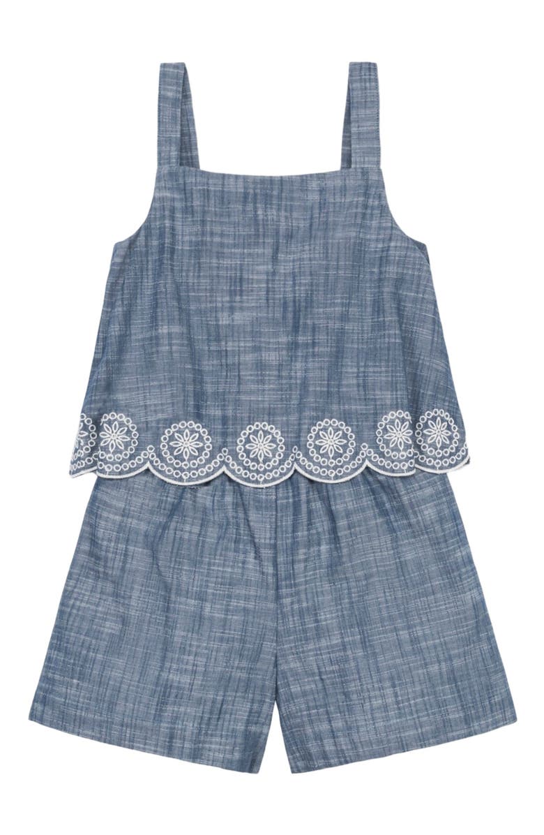 Hope & Henry Girls' Organic Faux Tank Scallop Edge Chambray Romper, Toddler, Alternate, color, 