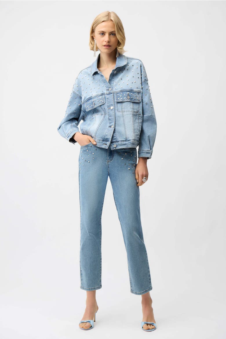 Denim Oversized Jacket With Pearls and Studs, Alternate, color, Light Blue Denim