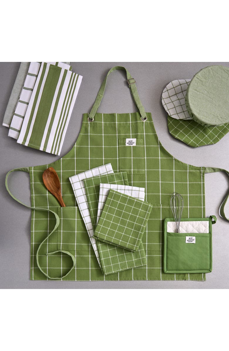 Design Imports Windowpane Print Cotton Apron, Alternate, color, Green