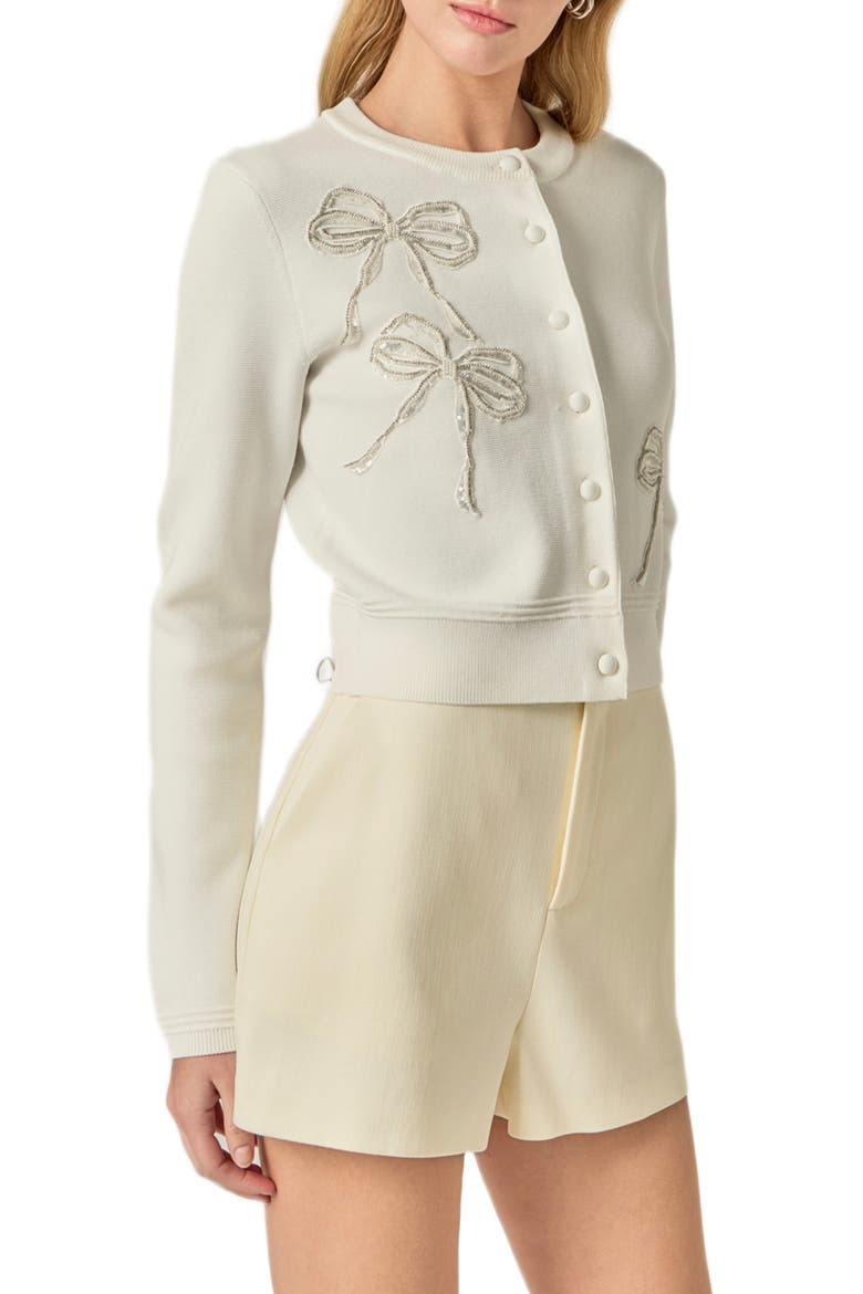 Embellished Bow Button Front Cardigan, Alternate, color, OFF WHITE