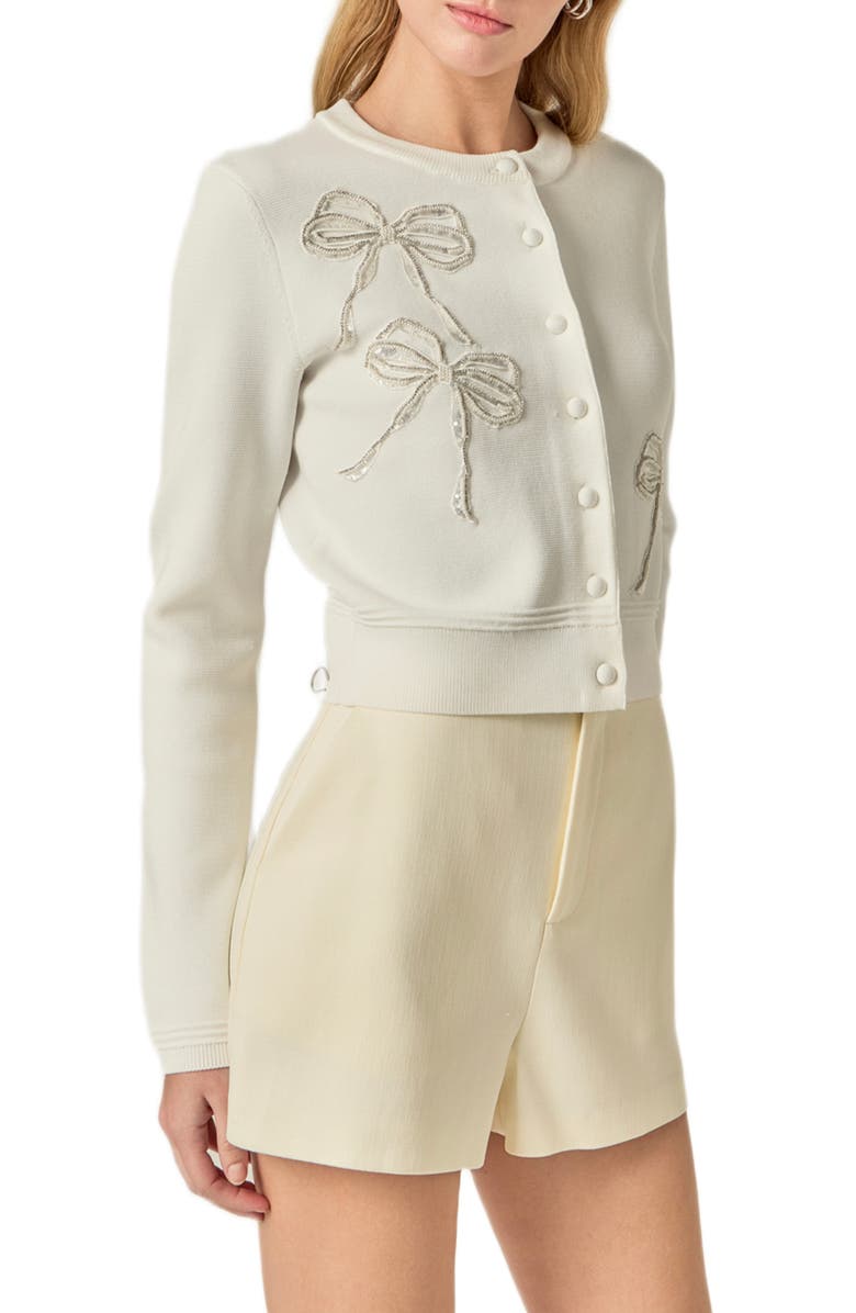 English Factory Embellished Bow Button Front Cardigan, Alternate, color, Off White