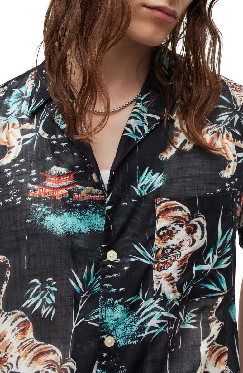 AllSaints Tagise Relaxed Fit Tiger Print Short Sleeve Cotton Button-Up Shirt, Alternate, color,