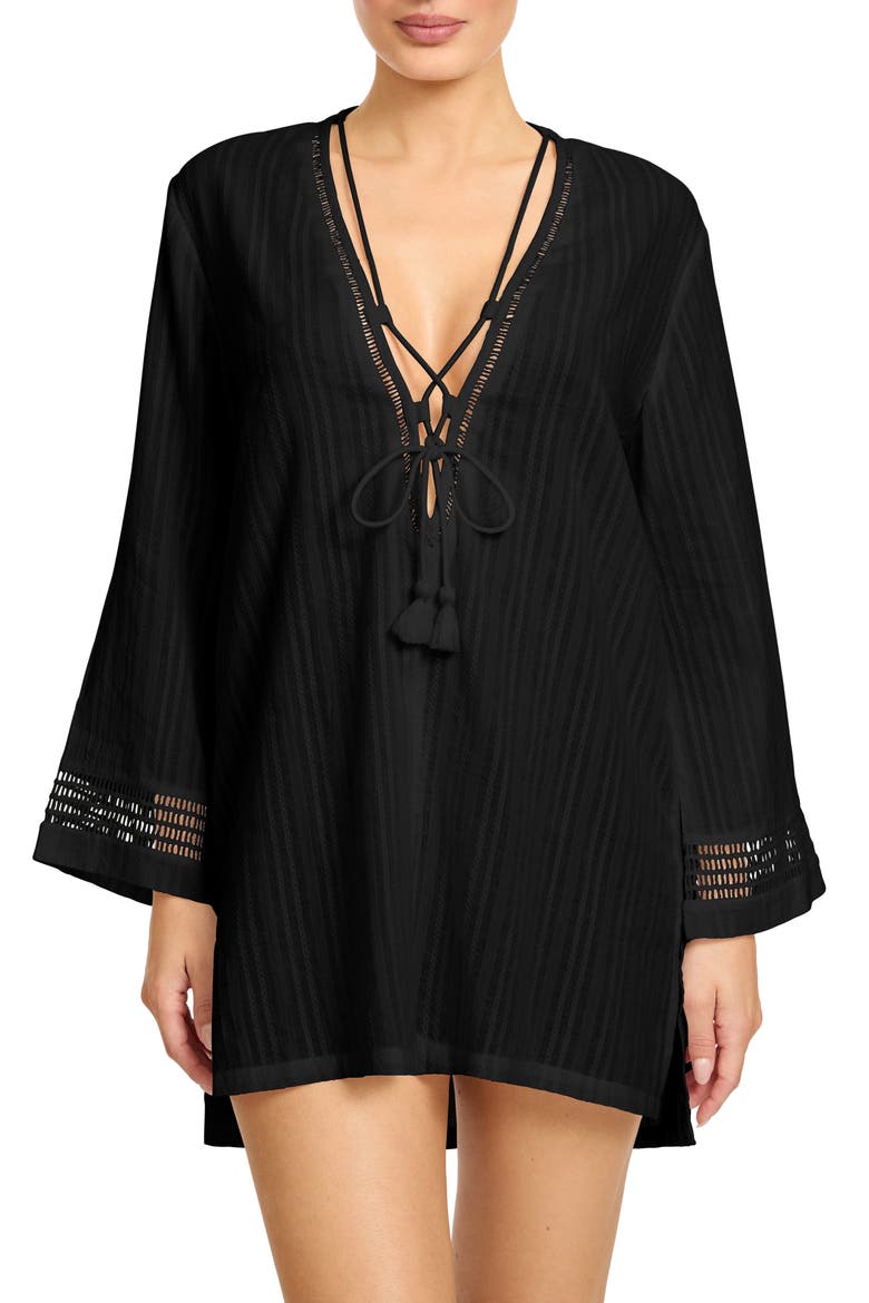 Marina Lace-Up Cover-Up Tunic, Main, color, BLACK