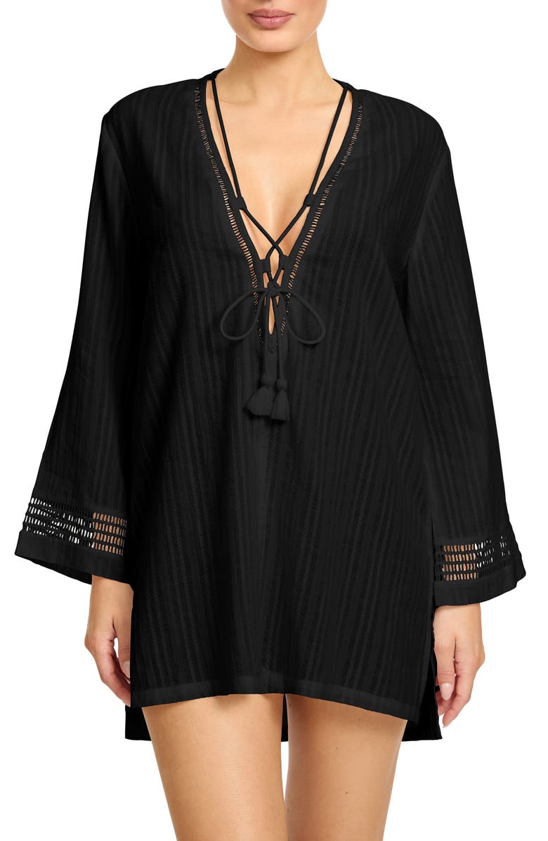 Robin Piccone Marina Lace-Up Cover-Up Tunic, Main, color, Black