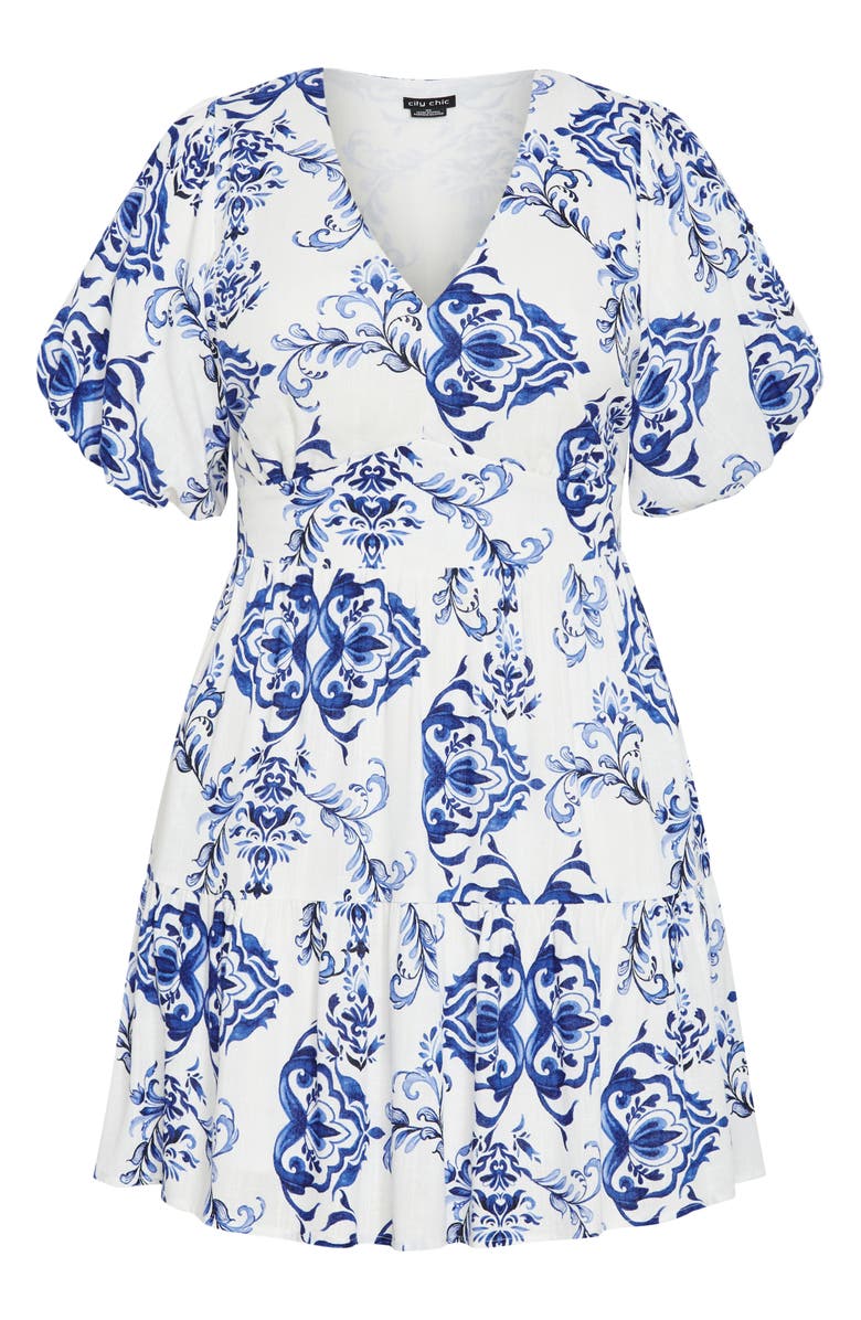 City Chic Winslow Print Ruffle Hem Puff Sleeve Dress, Alternate, color, Willow Blue
