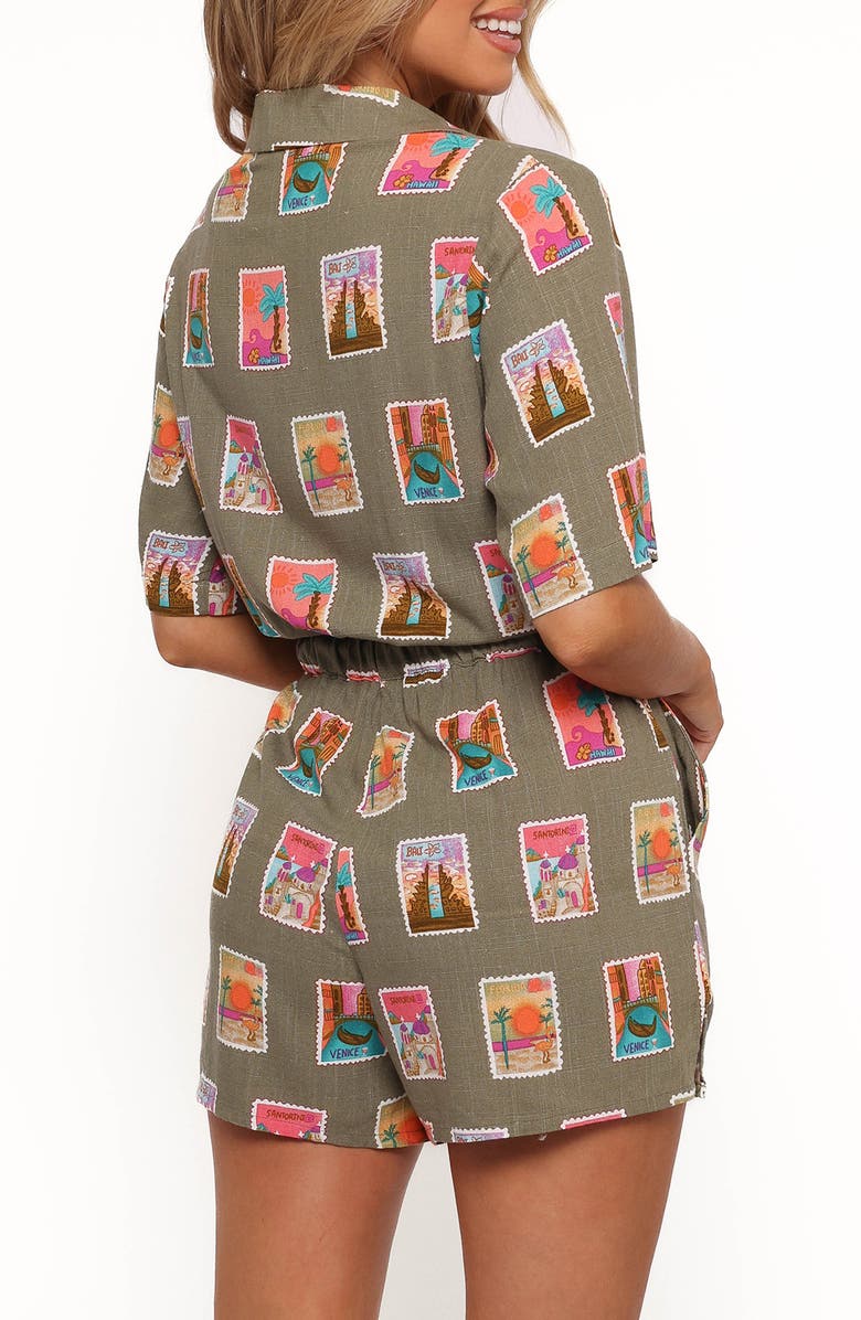 Petal & Pup Everlee Postcard Print Romper, Alternate, color, Olive Print