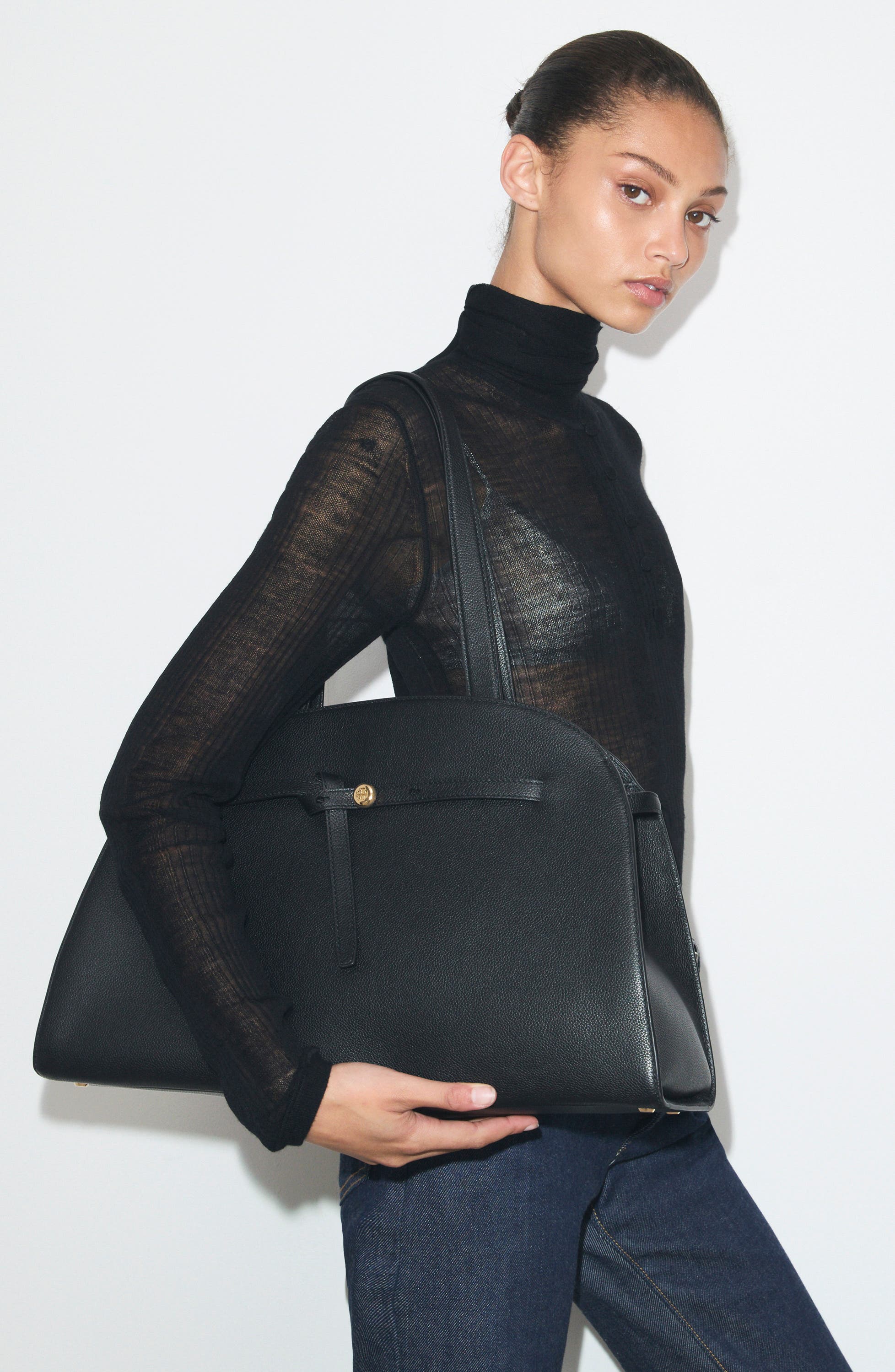 Large Romy Bauletto Leather Handbag, Alternate, color, BLACK