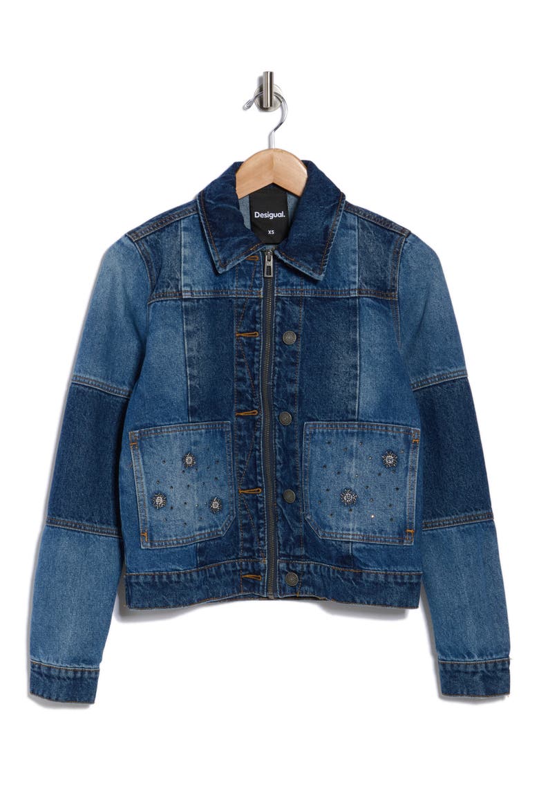 Beaded Denim Trucker Jacket, Alternate, color, MEDIUM BLUE