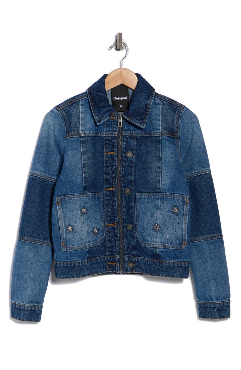 Desigual Beaded Denim Trucker Jacket, Alternate, color, Medium Blue
