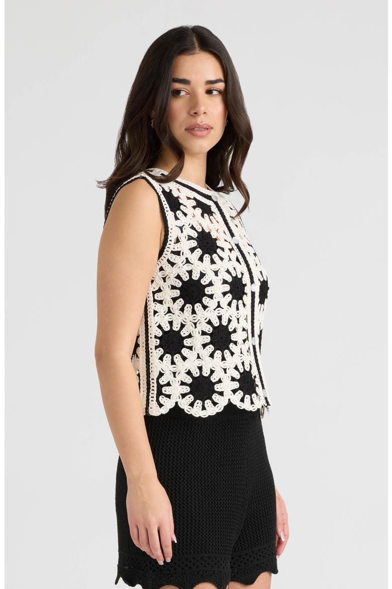 Buttoned Crochet Shell, Alternate, color, BLACK/ MARSHMALLOW