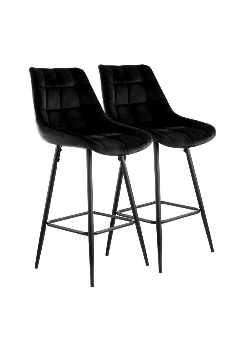 Elama 2 Piece Velvet Tufted Bar Chair with Metal Legs, Main, color, Black