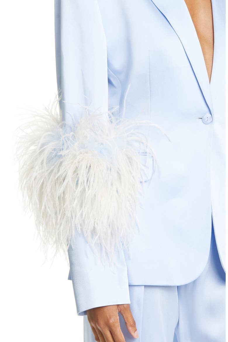 Ostrich Feather Trim Double Face Satin Blazer, Alternate, color, CELESTE