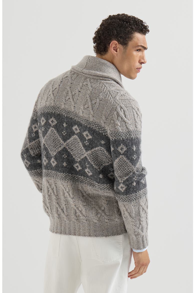 Virgin wool, silk and cashmere chiné cable knit cardigan with intarsia, Alternate, color, Grey