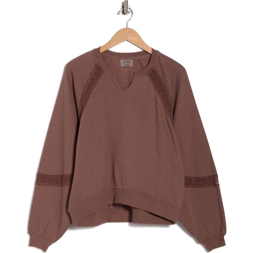 Jessica Simpson Lace Fleece Split Crewneck Sweatshirt In Brown