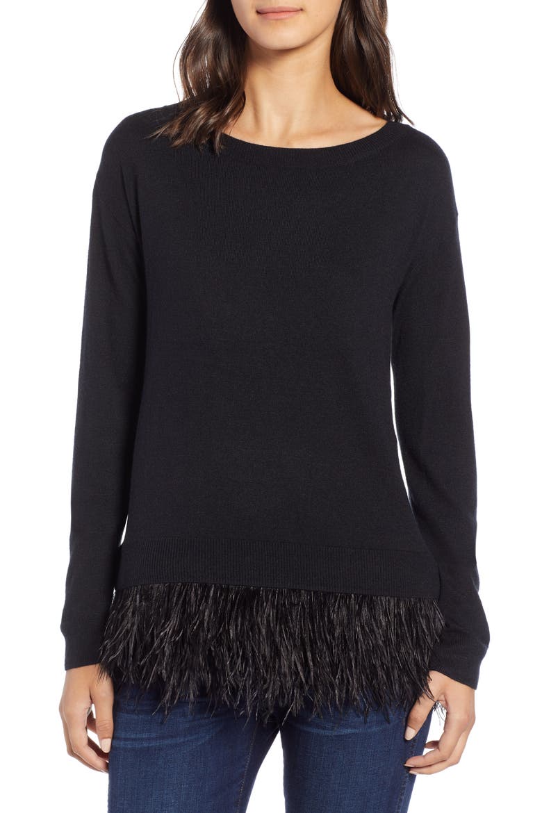 Feather Trim Sweater, Main, color, BLACK