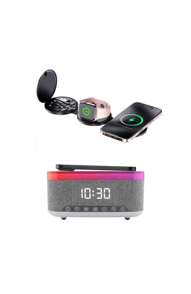 PURSONIC Ultimate 5-in-1 Tech Bundle Folding Wireless Charger & Multi-Function Bedside Alarm Clock, Main, color, Black