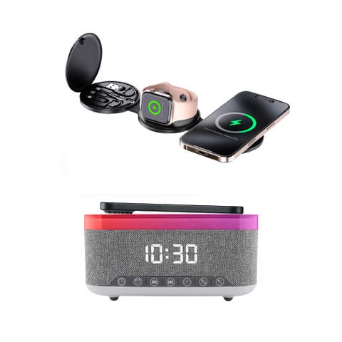 Ultimate 5-in-1 Tech Bundle Folding Wireless Charger & Multi-Function Bedside Alarm Clock