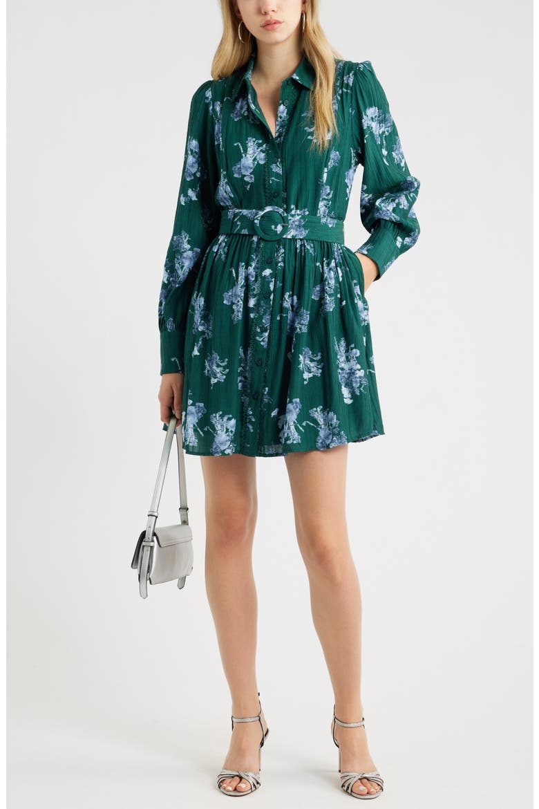 Floral Lace Inset Belted Mini Shirtdress, Main, color, GREEN- BLUE STACEY FLORAL
