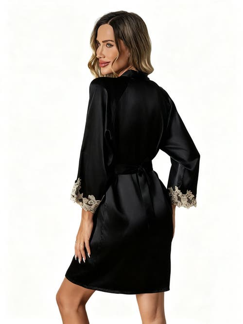 Silksilky Silk Lace Cuffs Robe Wrap Kimono Belted In Black