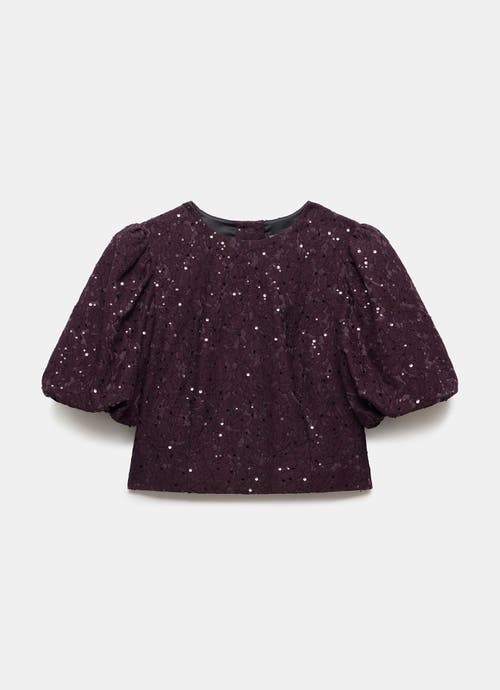 Mint Velvet Sequin Lace Puff Sleeve Top In Burgundy