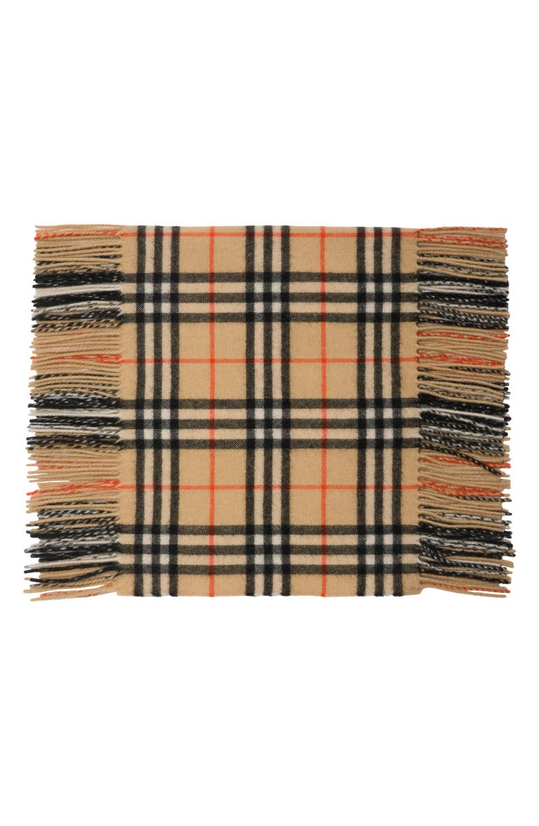 Burberry Medium Check Happy Fringe Cashmere Scarf, Alternate, color, Sand